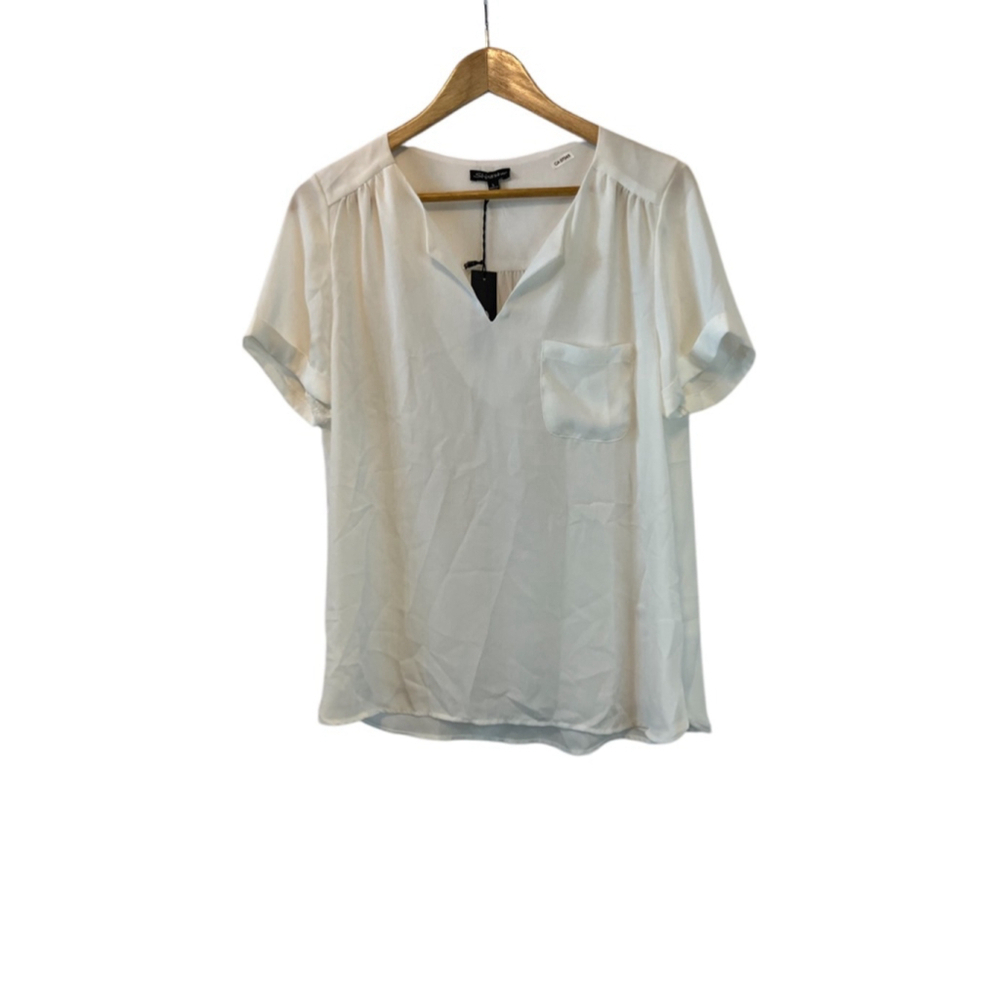 NWT SHINESTAR Cream Short Sleeve V Neck Lightweight Dressy Top L